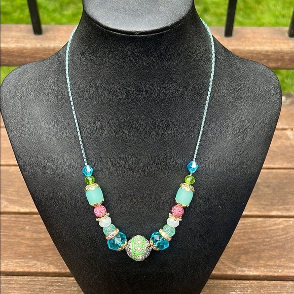 Handmade Colorful Pink & Blue Beaded Statement Necklace – Boho Glam Style - Picture 1 of 6